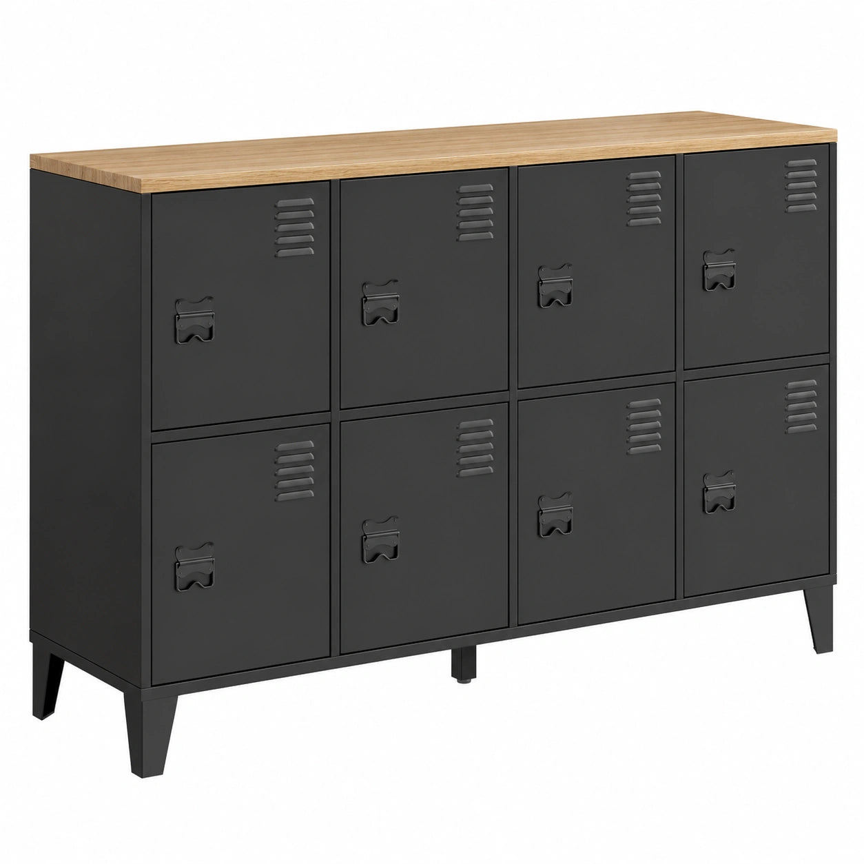 Buffet industriel en métal noir avec plateau en bois, 8 portes, 139 cm