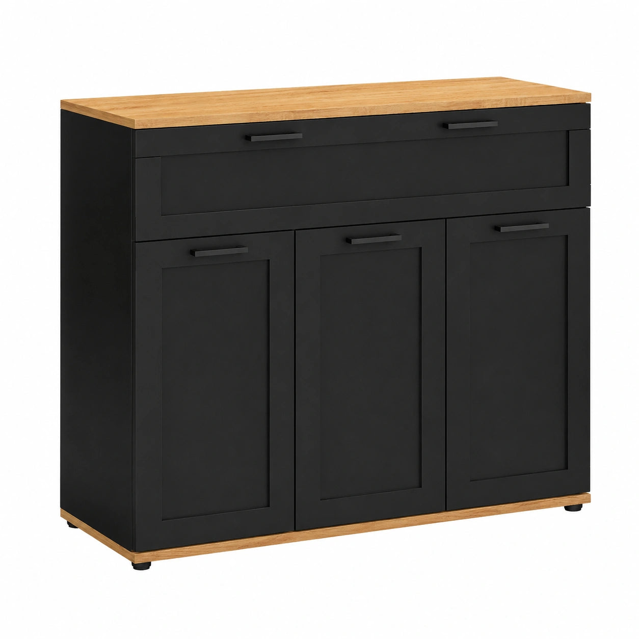 Buffet Moderne 3 Portes et 1 Tiroir Noir avec Plateau en Bois