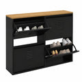 Armoire à chaussures noir industriel avec plateau en hêtre, 20 paires, 4 portes