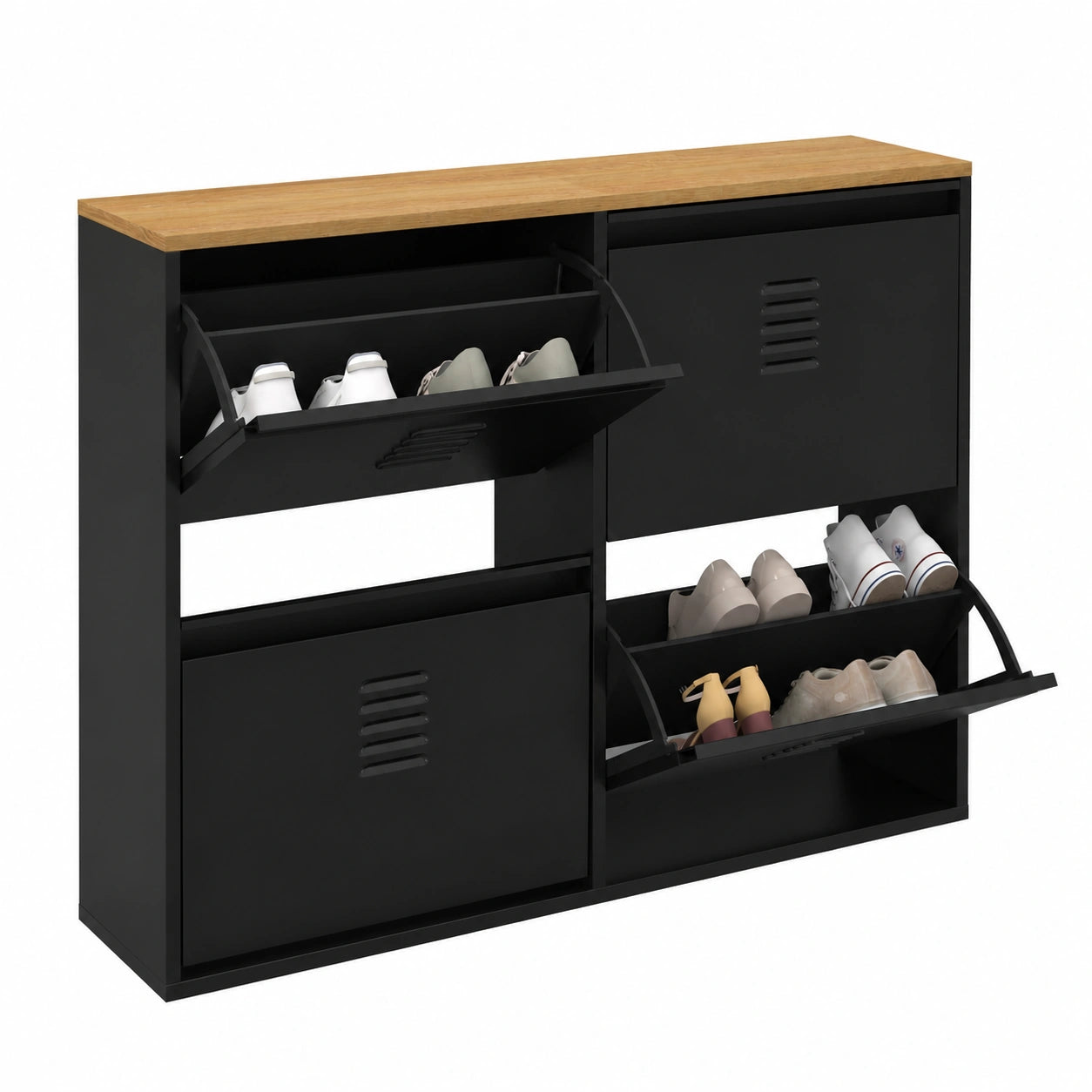 Armoire à chaussures noir industriel avec plateau en hêtre, 20 paires, 4 portes