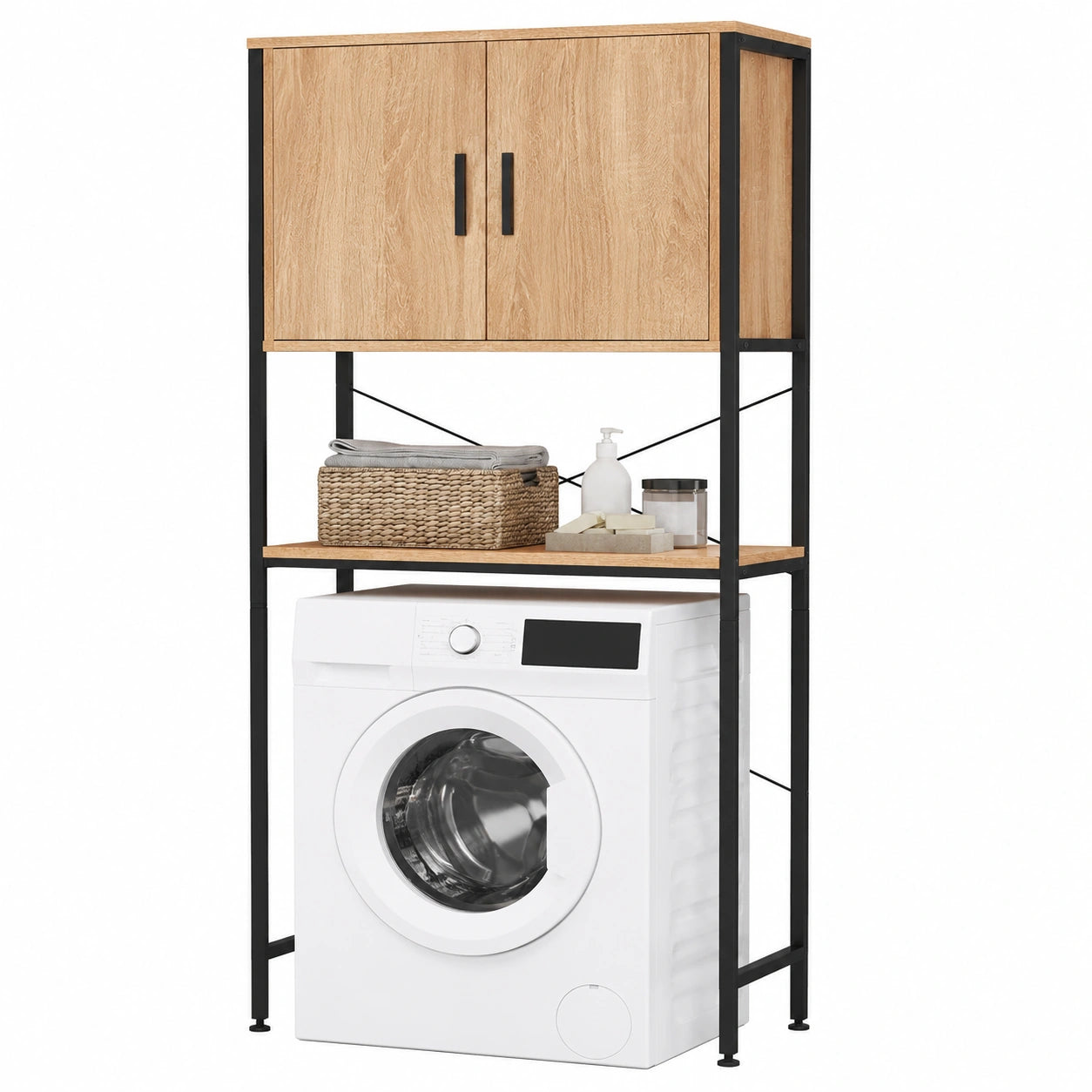 Étagère de Salle de Bain Industrielle, Rangement au-dessus WC et Machine à Laver, Noir et Chêne