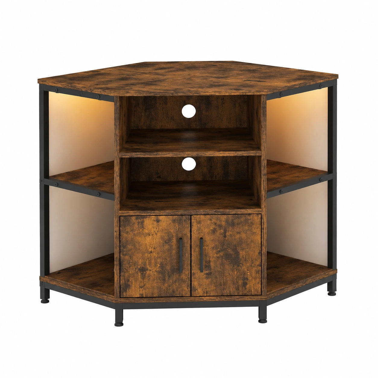 Meuble TV d'angle avec LED pour salon, design industriel, marron vintage