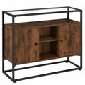 Buffet industriel en bois foncé avec plateau en verre et 6 compartiments
