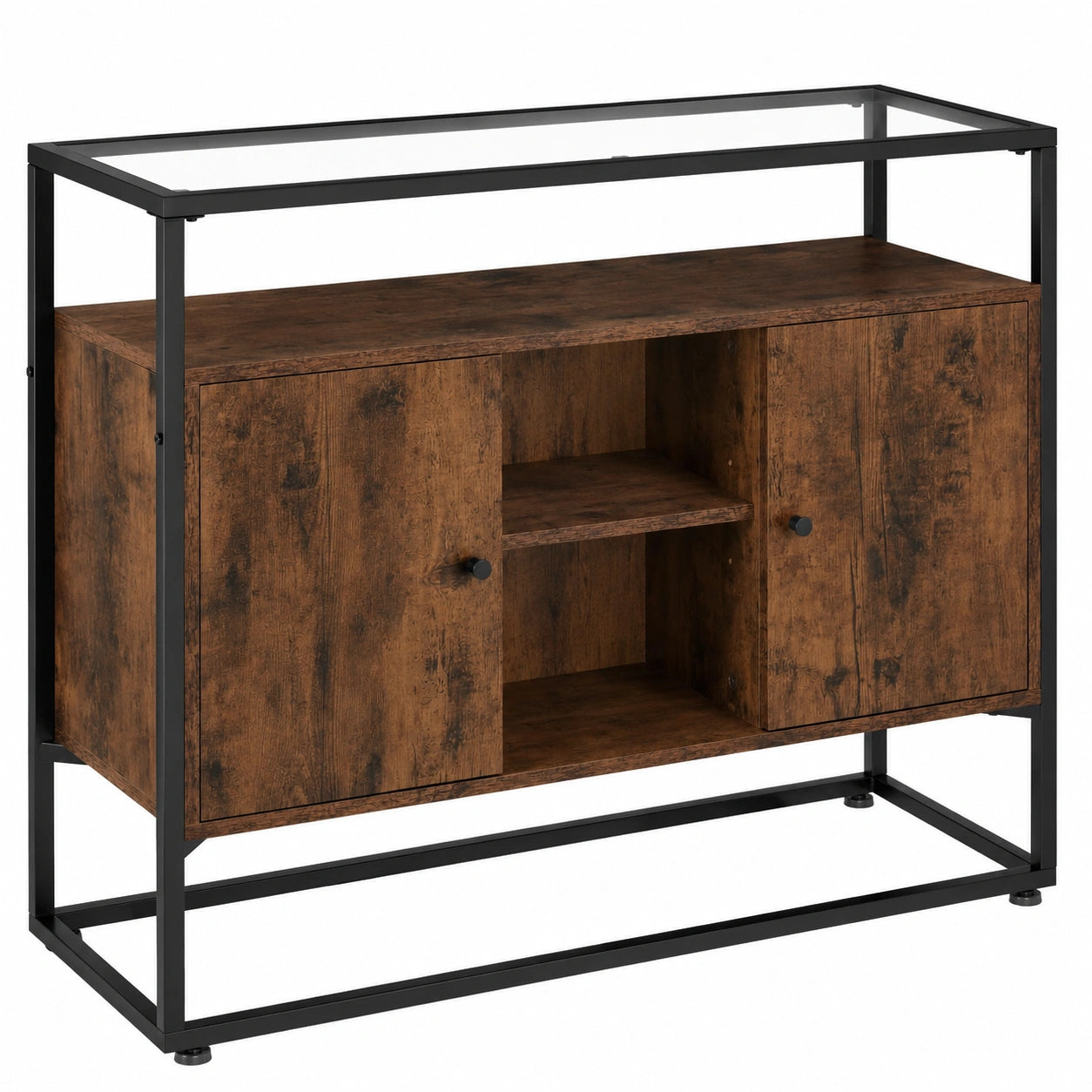 Buffet industriel en bois foncé avec plateau en verre et 6 compartiments