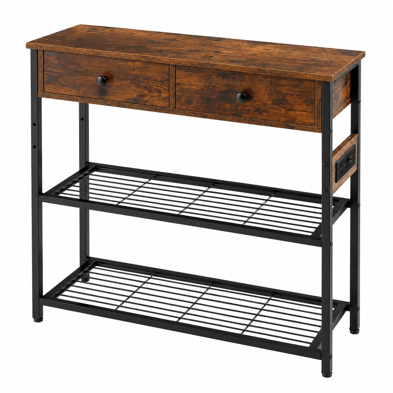 Table Console Industrielle avec Prise et Ports USB, 2 Tiroirs, Marron et Noir
