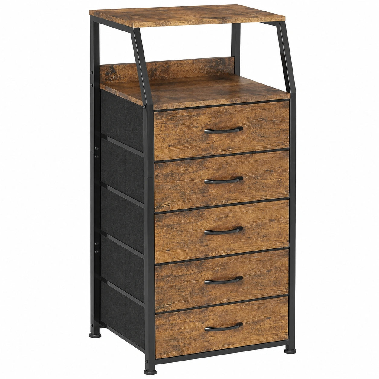 Table de chevet industrielle avec tiroirs en tissu et étagères en bois