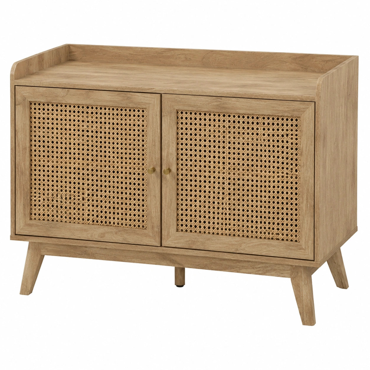 Buffet 2 portes effet bois avec cannage rotin et boutons métal