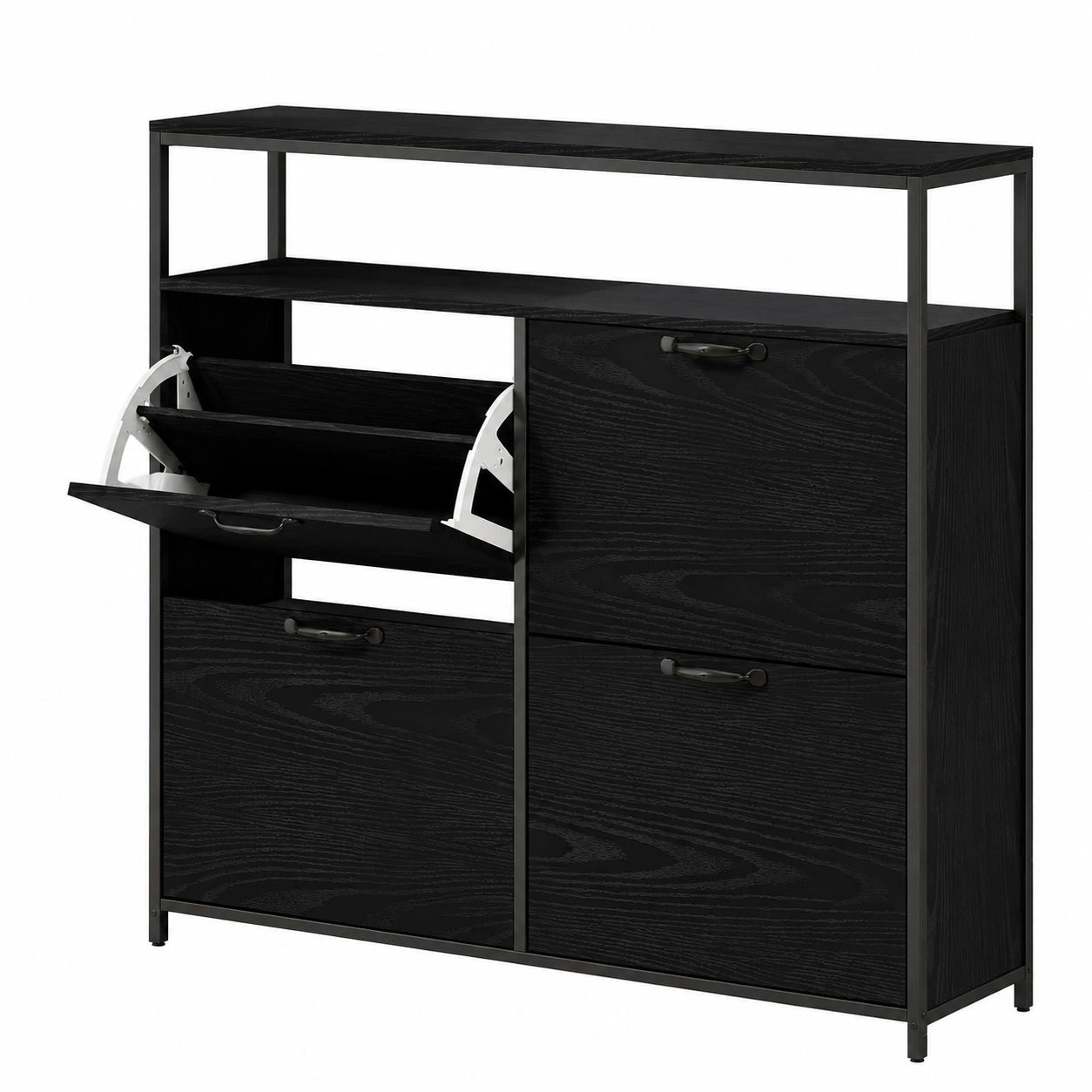 Armoire à chaussures industrielle avec tiroirs abattants et étagères ouvertes