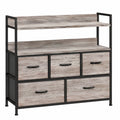 Commode 5 tiroirs en tissu pliable avec étagères ouvertes, style industriel, effet bois gris
