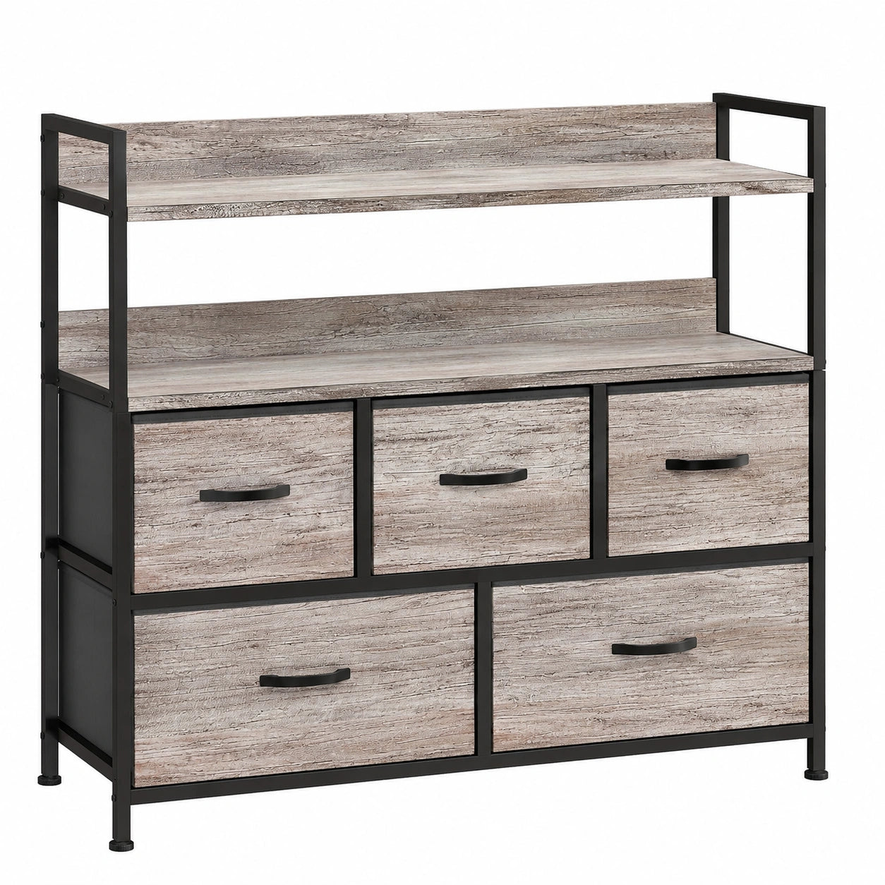 Commode 5 tiroirs en tissu pliable avec étagères ouvertes, style industriel, effet bois gris